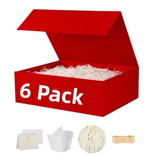 UoeRing 6 Pcs Red Gift Box 11.5x8x4 Inch with Magnetic Lid | Collapsible Luxury Present Box,for Birthday,Christmas Holiday Gift Includes Card,Ribbon,Tissue Paper & Shredded Filler - color: 11.5x8x4 Inch-Red-Pack of 6