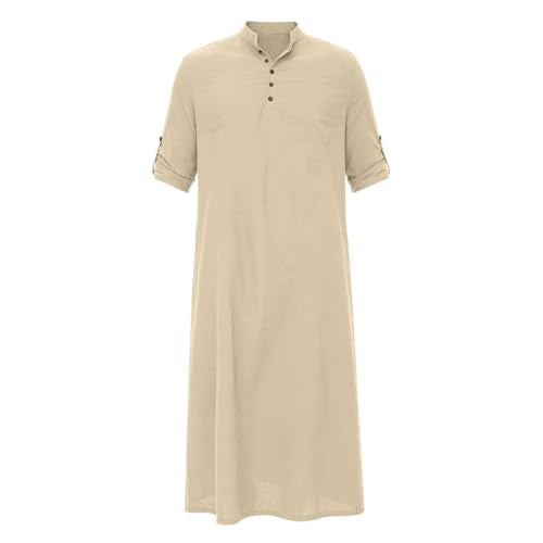 Men's Linen Kaftan Robe Button Down Long Sleeve Henley Collar Cotton Thobe Casual Loose Fit Stylish Gown Shirts - color: Khaki, size: Medium