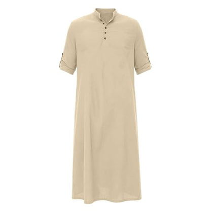 Men's Linen Kaftan Robe Button Down Long Sleeve Henley Collar Cotton Thobe Casual Loose Fit Stylish Gown Shirts - color: Khaki, size: Medium
