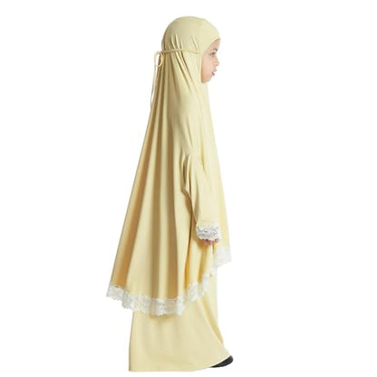 Kids Girls Abaya Muslim Full Cover Lace Hijab Dress Kaftan Dubai Islamic Prayer Dress, 2pcs Set - color: Cream Yellow, size: 4-5T