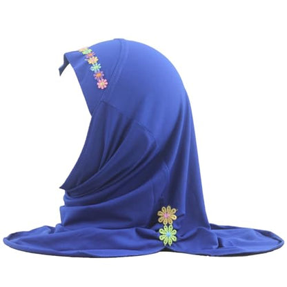 Girls Instant Hijab – Soft Kids Muslim Scarf with Flower, Breathable One-Piece Headscarf for Toddlers Age 2-8 - color: Small Flower-blue