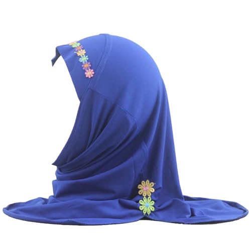 Girls Instant Hijab – Soft Kids Muslim Scarf with Flower, Breathable One-Piece Headscarf for Toddlers Age 2-8 - color: Small Flower-blue