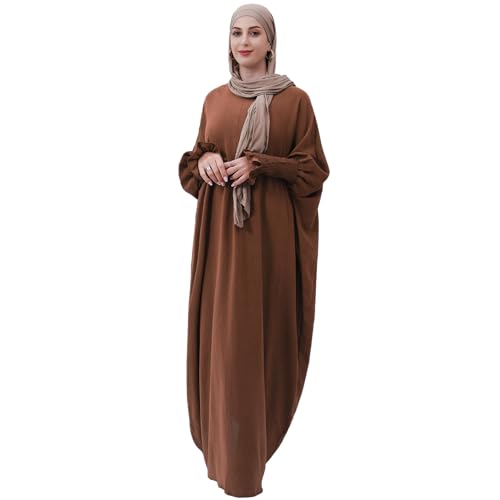 khalat Womens Muslim Prayer Dress Front Zipper Kaftan Islamic Robe Modest Solid Abayas for Women Muslim - color: Coffee