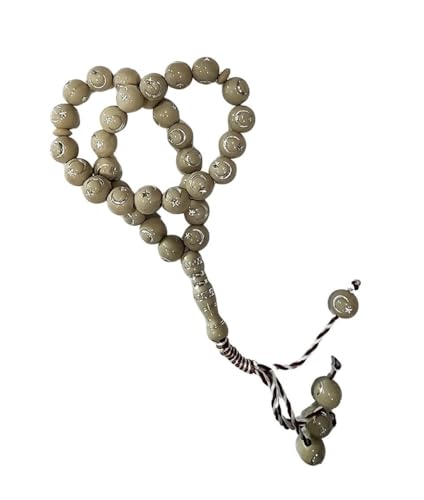 Muslim Bead Tasbih 33 Rosary AMN-277 Islam Prayer dhikr Misbaha with Moon Star Engraved on Islamic Religion Eid Ramadan Gift (Light Brown) - color: Light Brown