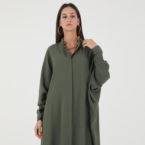 IKADEX Women Batwing Sleeve Abaya Button Loose Fit Long Maxi Muslim Dress Islamic Kaftan Prayer Robe - color: Army Green