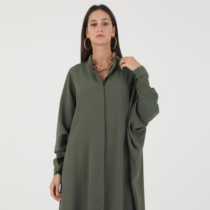 IKADEX Women Batwing Sleeve Abaya Button Loose Fit Long Maxi Muslim Dress Islamic Kaftan Prayer Robe - color: Army Green