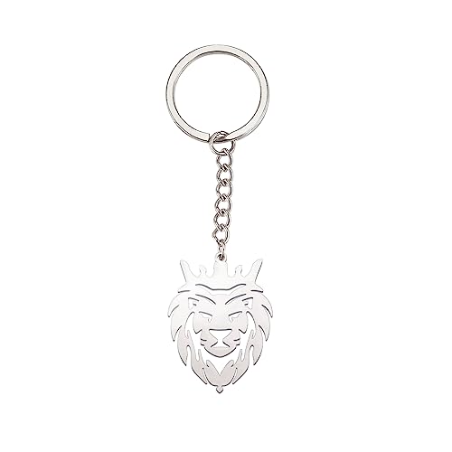 Dreamtimes Lion With King Crown Keychain for Men Stainless Steel Lion Punk Rock Keychain Bag Car Key Pendant Keychain - color: Silver-1