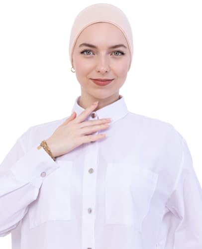 Prien Women Cotton Hijab Cap, Stretchy Head Cover, Pre-Sewn Inner Muslim Scarf Undercap, Non Slip Headband for Daily Wear - color: Beige