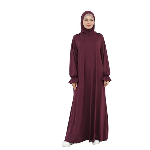 Muslim Hoodie Abaya Islamic Prayer Jilbab Maxi Robe with Inner Cap | Two-layer Cap, Prayer Abaya, Large Style - color: Wine Red