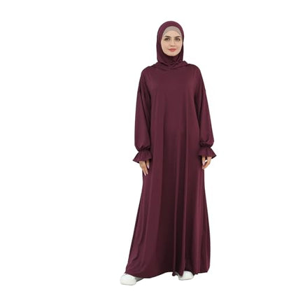 Muslim Hoodie Abaya Islamic Prayer Jilbab Maxi Robe with Inner Cap | Two-layer Cap, Prayer Abaya, Large Style - color: Wine Red