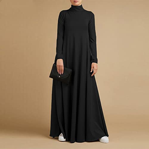 Xiaojmake Women Turtleneck Tunic Dresses Casual Long Sleeve Maxi Dress Long Sleeve Floore Length A Line Long Prayer Dress - color: Black, size: 4X-Large