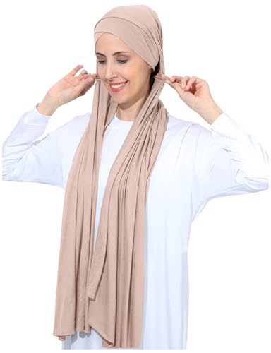 Instant Jersey Cotton Hijab Scarf for Women, Non-See Through Tieback Muslim Head Scarf - color: Pale Brown