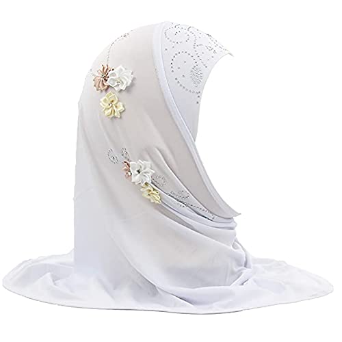 Girls Muslim Hijab Floral Lace Head Scarf Kids Islamic Arab Scarf Shawls Head Wrap with Flowers - color: White (6 Flowers)