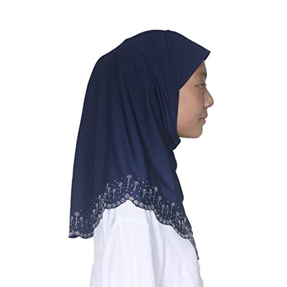Girls Hijab with Rhinestones – Sparkly Non-Slip Amira Scarf for Kids, for Daily Prayer, School, Ramadan & Eid (Ages 4-12) - color: Navy Blue-wavy Edge