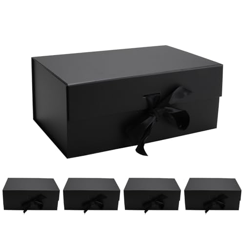 kaxilu Black Gift Boxes with Ribbon Foldable Gift Boxes Set of 5 Magnetic Gift Boxes for Presentations and Groomsmen Proposal, Glossy Finish,Large-L11.5*W8.6*H4.2inch - color: Black, size: Large-L11.5*W8.6*H4.2inch