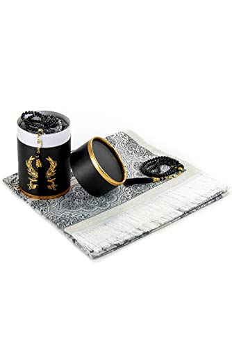 ihvan online Muslim Prayer Rug and Prayer Beads with Elegant Design Cylinder Gift Box, Janamaz, Soft Sajadah, Islamic Gifts Set, Portable Prayers Carpet Mat, Taffeta Fabric, Black - color: Black/Mod3
