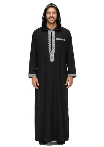 Men's Hooded Thobe - Traditional Embroidered Muslim Islamic Kaftan, Half-Zip Middle Eastern Arabic Robe - color: Black, size: Medium