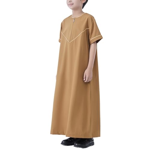 Boys Short Sleeve Muslim Thobes Islamic Kids Half Zipper Eid Traditional Prayer Kaftan Thobes Toddler Abaya Clothes - color: Khaki, size: 5-6 Years