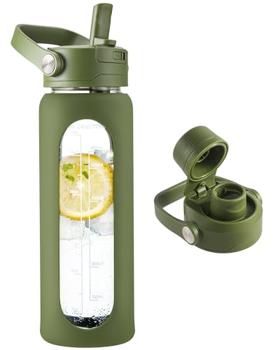 CIVAGO 24 oz Glass Water Bottle with Detachable Straw and Time Maker | Motivational Large Flask Cup with Handle, Leakproof Lids, Wide Mouth, Silicone Sleeve, Tumbler for Juice, Army Green - color: .Army Green, size: 24 Ounces