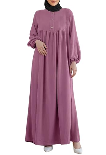 Womens Abaya Muslim Prayer 2 Pockets Long Sleeve Front Button Maxi Dresses Casual Islamic Clothes - color: Mauve, size: Large