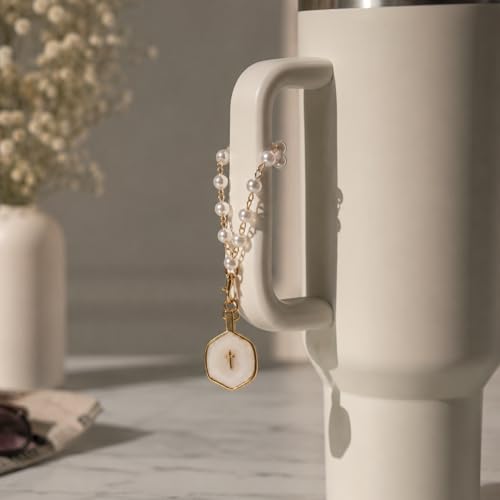 Steering Wheel Charm, Adjustable Car Rosary for Rearview Mirror, Pearl Chain with Cross Pendant Steering Wheel Rosary Protection Charm Decor, White