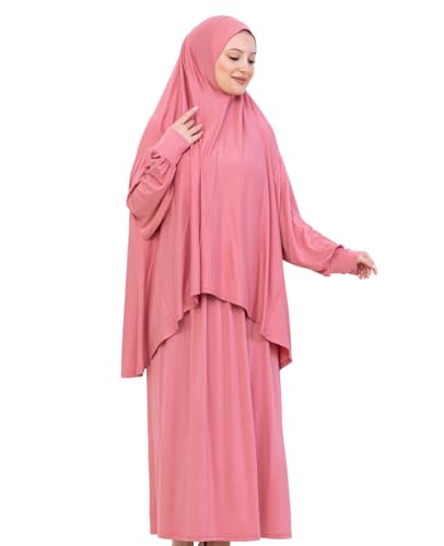 Prien Soft Prayer Dress For Women, Muslim Abaya Hijab Set, Long Turkish Cotton Praying Outfit, Islamic Clothes For Ramadan - color: Dusty Rose