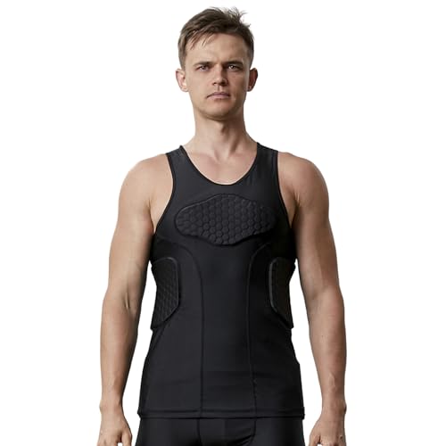 Topeter Men’s Padded Football Shirt Rib Protectors Compression Shirts with Pads Basketball Protective Gear Rugby Tank Top - size: Large