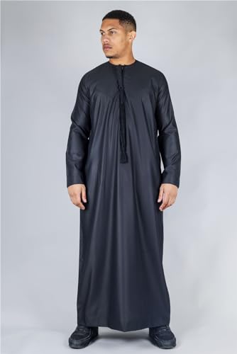 Men's Thobe Emirati Omani Jubba Islamic Clothing Muslim Kaftan Eid Robe String Tassel|Black - color: Black Regular, size: XX-Large