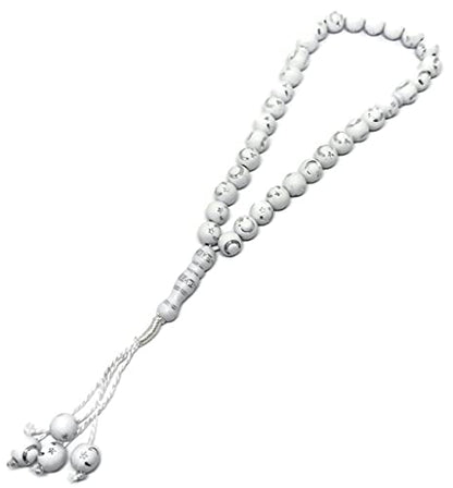Muslim Bead Tasbih 33 Rosary AMN-277 Islam Prayer dhikr Misbaha with Moon Star Engraved on Islamic Religion Eid Ramadan Gift (White) - color: White