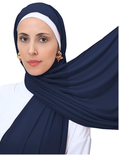 Heavy Not Easily See Through Long Chiffon Hijab Scarf for Women, Amazing Smooth Muslim Head Scarves - color: Navy Blue