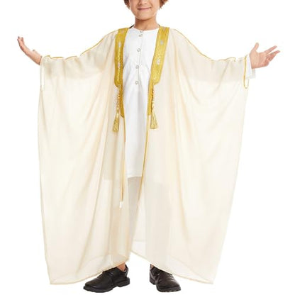 Toddler Boys Muslim Arabic Thobe Long Sleeve Embroidered Islamic Kaftan Teens Middle East Prayer Dress Ramadan Eid Clothes - color: Beige, size: 9-10 Years