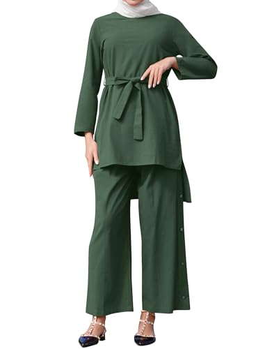 2 Piece Abaya for Women Muslim Long Sleeve Loose Top Pants Set Casual Eid Ramadan Outfits Dubai Islamic Muslim Clothes - color: Dark Green, size: Small