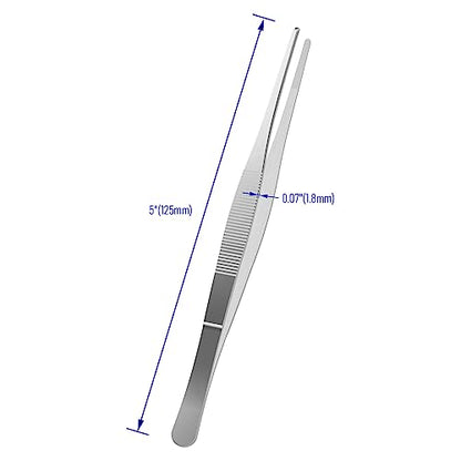 5" Stainless Steel Tweezers, Straight Blunt, 0.07" Thick | Round Serrated Tip, Multipurpose Daily Garden Home Lab Craft Repairing Tool - size: 5"L(0.07"T)
