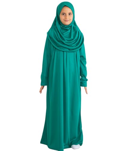 Prien Kids Prayer Dress Muslim Clothes for Girls Long Sleeve Abaya with Hijab Two Piece Maxi Islamic Set Scarf Kaftan Jilbab - color: Green