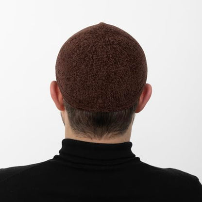 Modefa Islamic Prayer Kufi Hats for Men Chenille Knitted Stretchable Muslim Cap One-Size Fit - color: Pecan Brown
