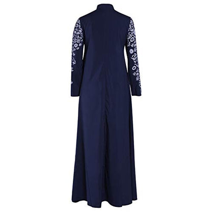 Islamic Fashion Dresses Middle Eastern Ethnic Kaftan Button Print Muslim Long Dress Dubai Turkey Arab Jilbab Dress - color: Blue, size: Large