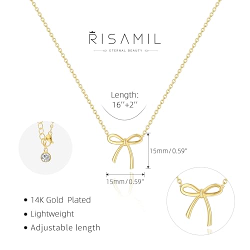 Risamil 여성용 골드 목걸이 - 리본 목걸이 14K 앙증맞은 골드 목걸이 귀엽고 작은 나비 펜던트 초커 체인 목걸이 트렌디 목걸이 여성용 골드 주얼리 선물 - color: 리본 목걸이-4