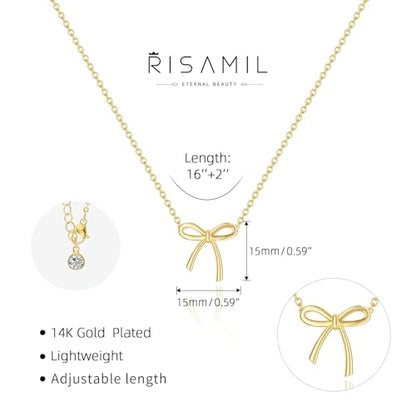 Risamil 여성용 골드 목걸이 - 리본 목걸이 14K 앙증맞은 골드 목걸이 귀엽고 작은 나비 펜던트 초커 체인 목걸이 트렌디 목걸이 여성용 골드 주얼리 선물 - color: 리본 목걸이-4