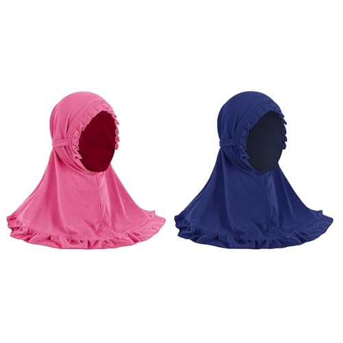 GREUS 2Pcs Kids Hijab for 2-6Y Girls Muslim Headscarf One Piece Hijabs Khimar Islam Arab Scarf Turban Bandana Hat Head Wrap - color: Set F (Blue + Rose Red)