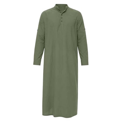 Men's Linen Kaftan Robe Button Down Long Sleeve Henley Collar Cotton Thobe Casual Loose Fit Stylish Gown Shirts - color: Army Green, size: 3X-Large