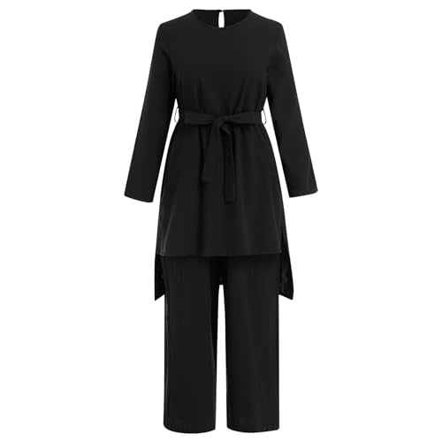 IDOPIP Women's Muslim Abaya Dress 2 Pieces Set Long Sleeve Button Down Shirt and Pants Casual Arabic Islamic Dubai Outfits - color: Black + Belt, size: X-Large