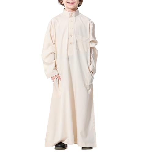 Arabic Thobe for Boys Muslim Solid Color Dress Long Sleeve Kaftan Teens Middle East Islamic Prayer Clothes Ramadan Eid Outfit - color: Beige, size: 11-12 Years