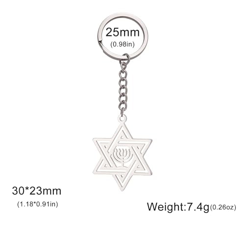 VASSAGO Star of David Keychain for Women Men Jewish Star Menorah Keyring Stainless Steel Hanukkah Keychain Religious Jewelry - color: Silver