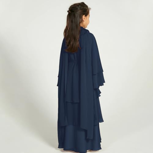 Chiffon layered Open Abaya Dubai Kaftan Muslim Cardigan Abayas Dresses For Girls Casual Robe Kimono Islam Clothing - color: Navy Blue, size: 11-12 Years