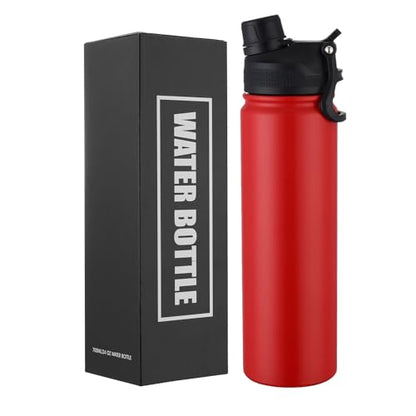 Insulated Water Bottle 24oz, Stainless Steel Double Wall Vacuum Sports Flask with 2-in-1 Straw & Chug Lid, BPA-Free, Leak Proof, Keeps Cold 24H for Travel Gym School - color: Red 750