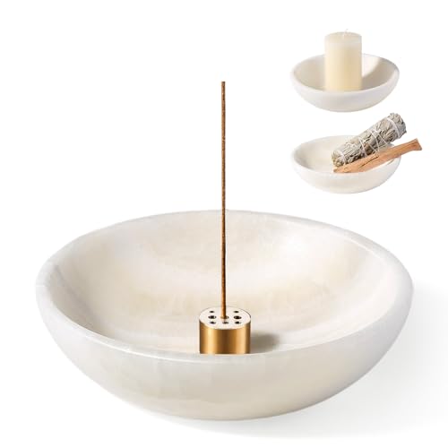Koville Natural Marble Incense Holder, Incense Holder for Sticks with 9 Holes, Handmade Incense Burner Ash Catcher for Meditation Yoga SPA, Balsam Fir/Palo Santo/Sage/Cone (White) - color: D=150-white
