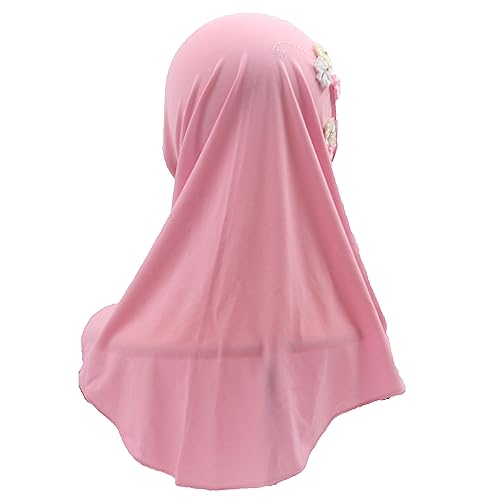Instant Hijab for Kids Girls Hijabs Muslim Islamic Head Scarf with Rhinestone and Flowers - color: Pink