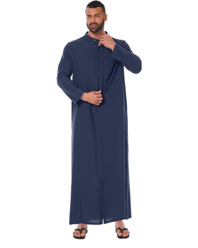 YAOHUOLE Kaftan for Men - Long Sleeve Muslim Thobe with Button Down Closure - color: Dark Blue, size: Medium