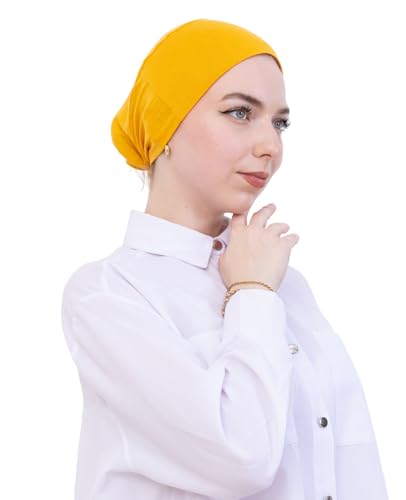 Prien Soft Undercap Hijab for Women, Cotton Islamic Bonnet, Muslim Head Scarf Inner Cap for Prayer Wear, Turban Hat Ramadan - color: Deep Yellow