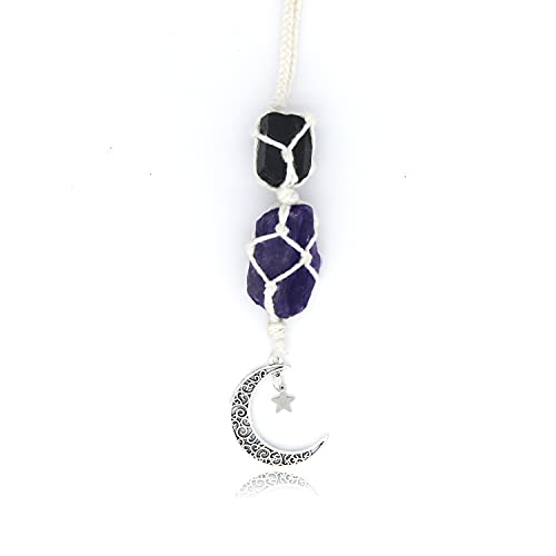 BOHO GARDEN Hanging Car Charm - Black Tourmaline, Amethyst - Dangling Moon, Healing Crystal Accessories, Rearview Mirror Decorations - Grounding, Confidence, Protection, Balance, Energy, Spirituality - color: Tourmaline-amethyst